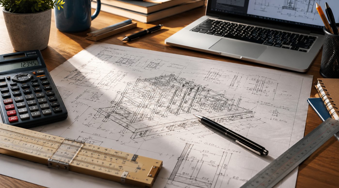 Scrivania tecnica con computer, calcolatrice, penna, regolo calcolatore e schizzo strutturale
